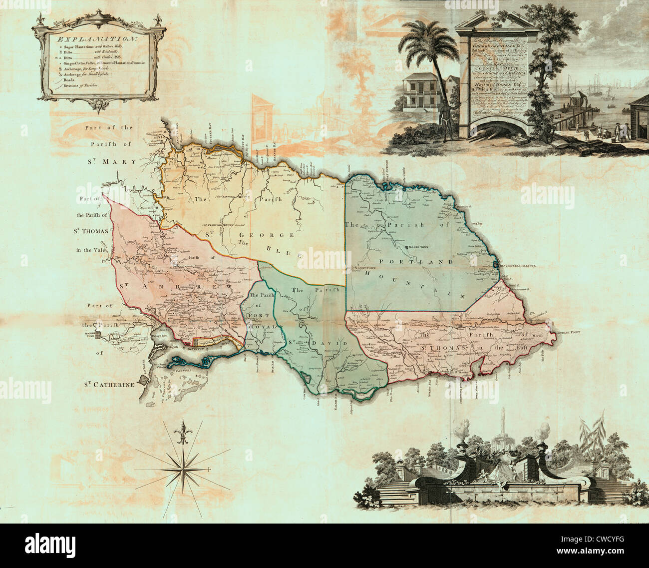 Questa mappa della contea di Surrey nell'isola di Giamaica, circa 1763 Foto Stock