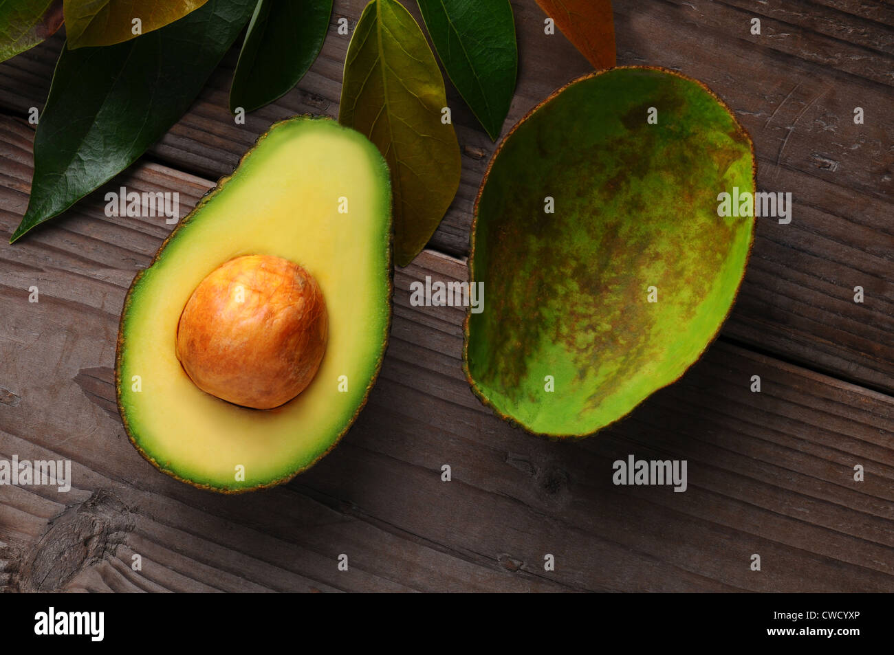 Un Avocado tagliato a metà su di una superficie di legno con foglie. Una metà mostra il seme mentre gli altri è stato raccolto fuori. Foto Stock