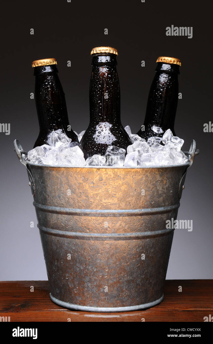 Secchiello per ghiaccio con marrone tre bottiglie di birra su un wet bar in legno sul bancone. Formato verticale su una luce di sfondo grigio scuro. Foto Stock