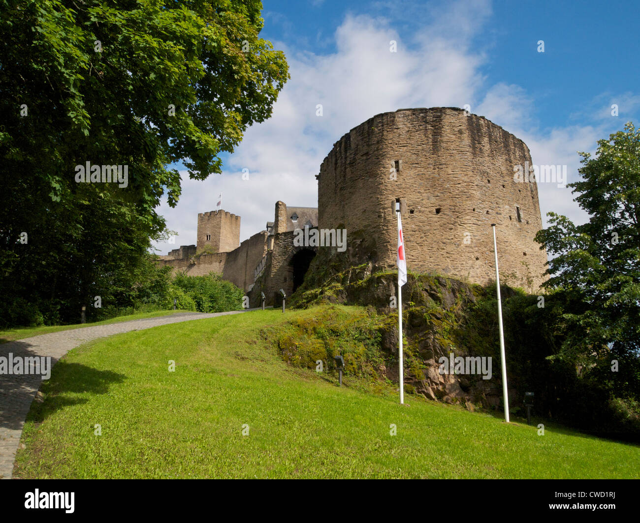 Il famoso castello medievale di Bourscheid, Lussemburgo Foto Stock