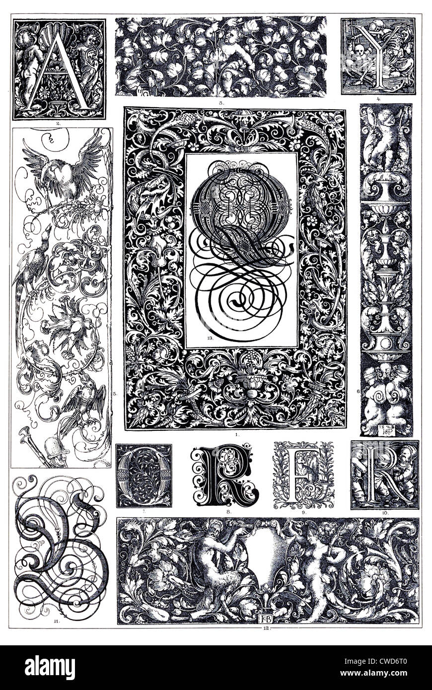 Rinascimento tedesco ornamenti tipografici Foto Stock