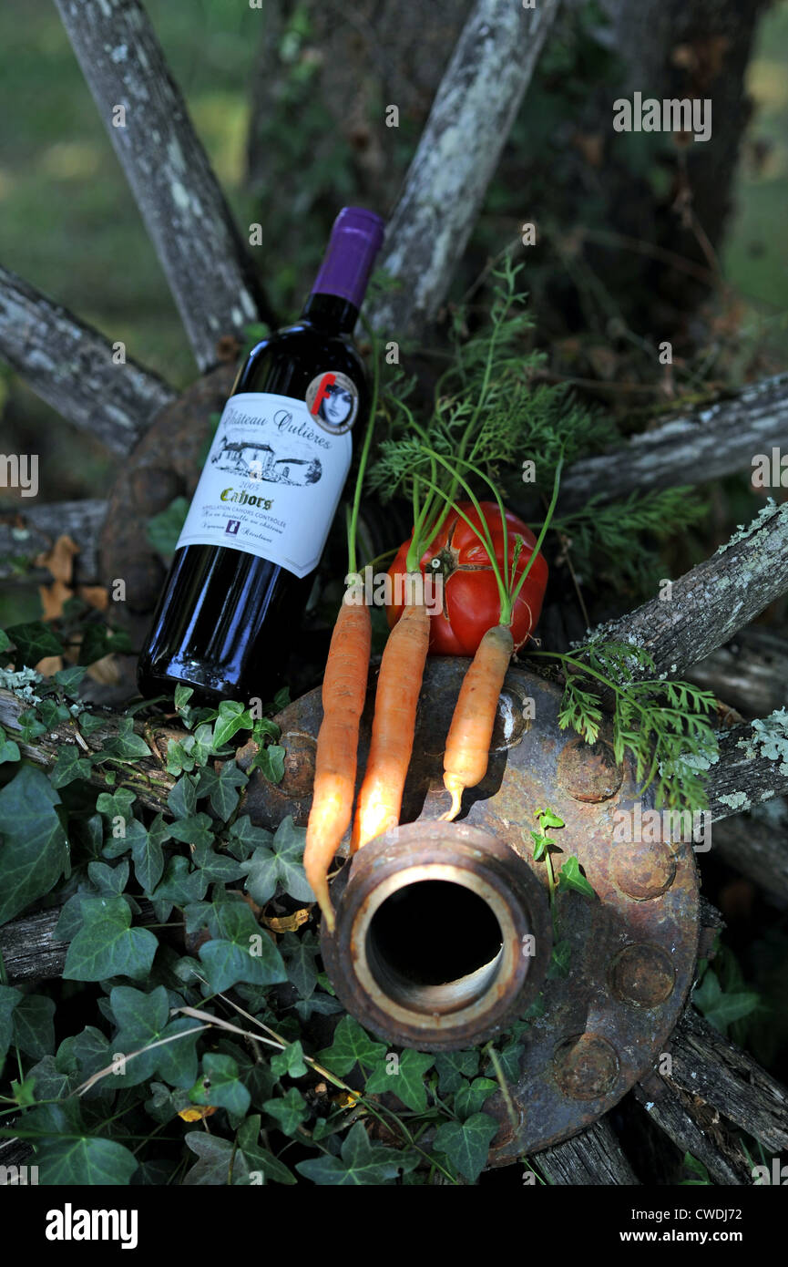 Prodotti tipici di pomodori carote Aglio Cipolle rosse rosso vino di Cahors dalla partita e la regione del sud-ovest della Francia Europa Foto Stock