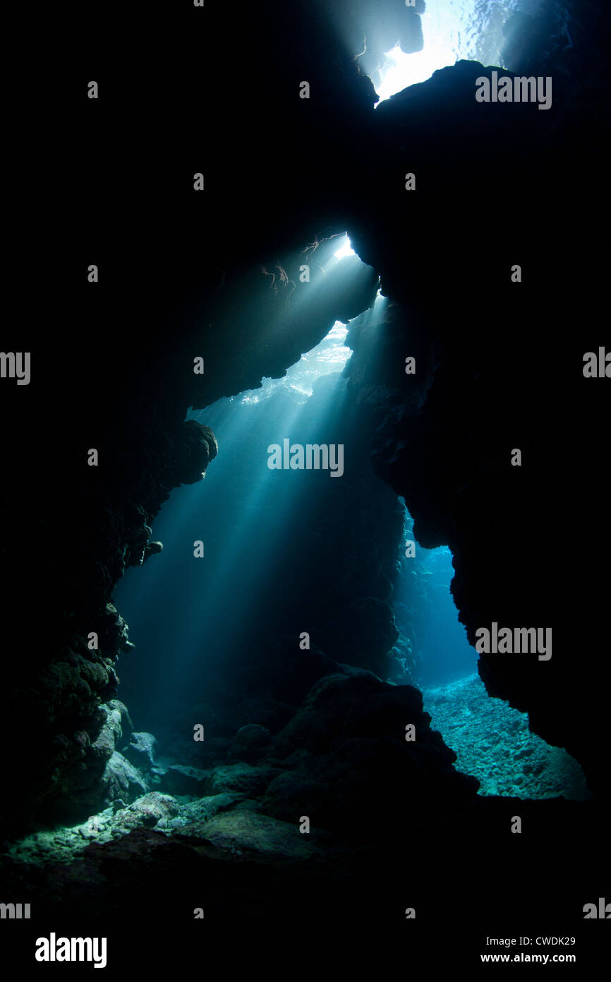 Cascate di luce del sole attraverso le crepe in pietra calcarea corallina. Le barriere coralline hanno un sacco di spazio tridimensionale che servono come habitat. Foto Stock
