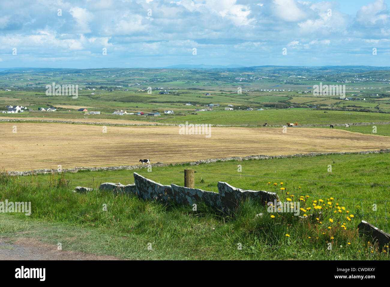Vista su campagna aperta dalla scogliera di Mohar, nella contea di Claire, Irlanda. Foto Stock