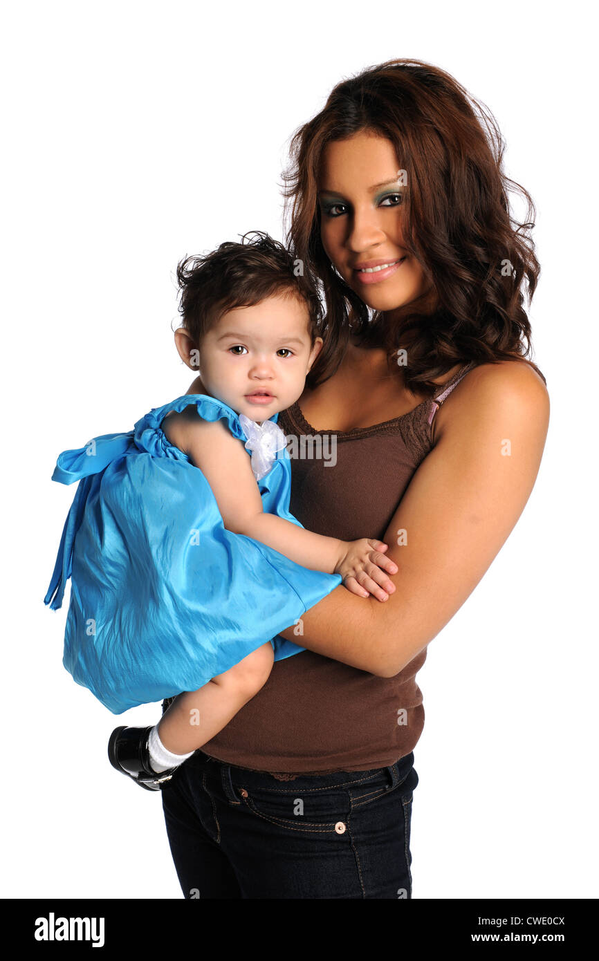 Ritratto di ispanici madre e figlia sorridente isolate su sfondo bianco Foto Stock