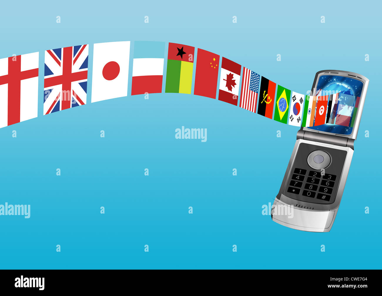Vari paesi bandiere provenienti dal telefono cellulare, Composito Digitale Foto Stock