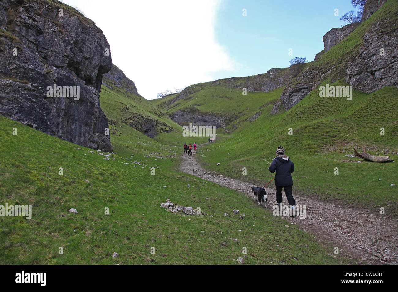 Una donna e il suo cane a camminare il modo di calcare a Grotta Dale Castleton Derbyshire England Regno Unito Foto Stock