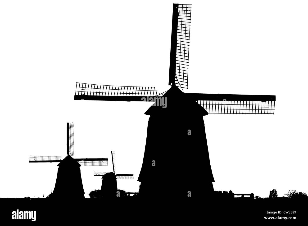 Mulini a vento in silhouette a Schermerhorn, North Holland, Paesi Bassi. Foto Stock