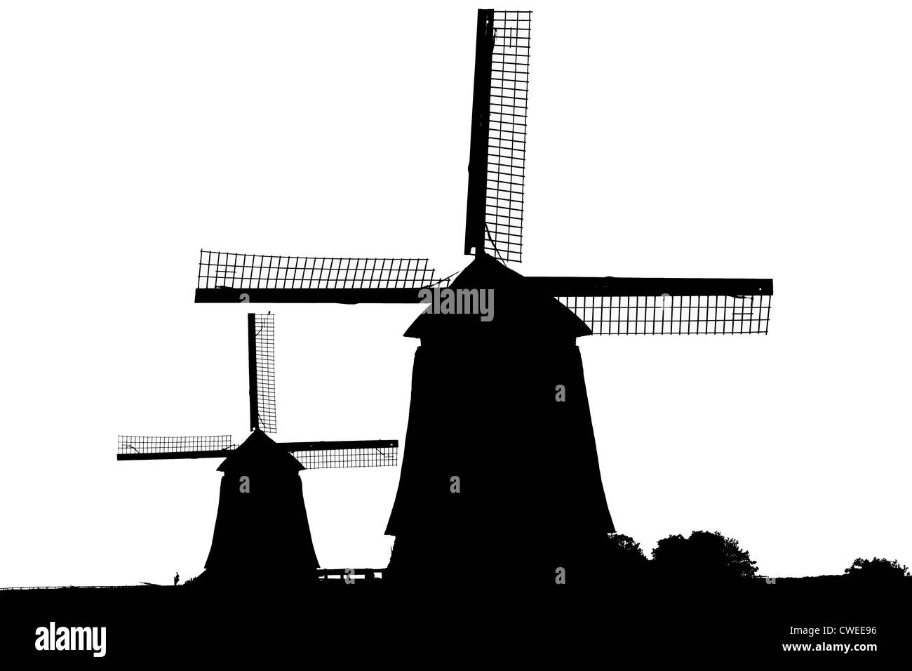 Mulini a vento in silhouette a Schermerhorn, North Holland, Paesi Bassi. Foto Stock