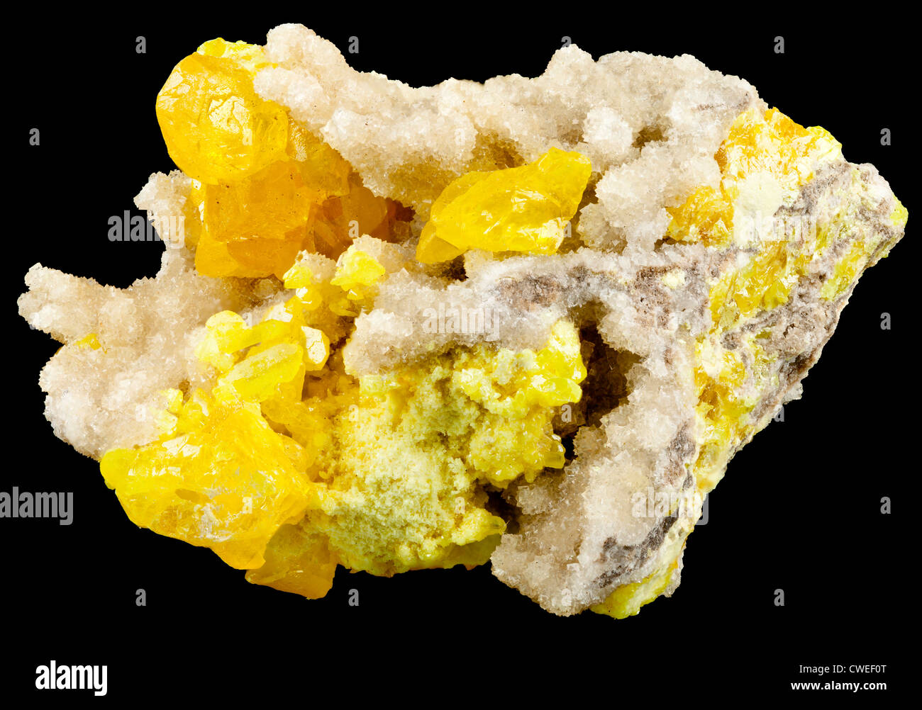 Cristalli di zolfo su aragonite (CaCO3) matrice (Tarnobrzeg, Polonia Foto  stock - Alamy