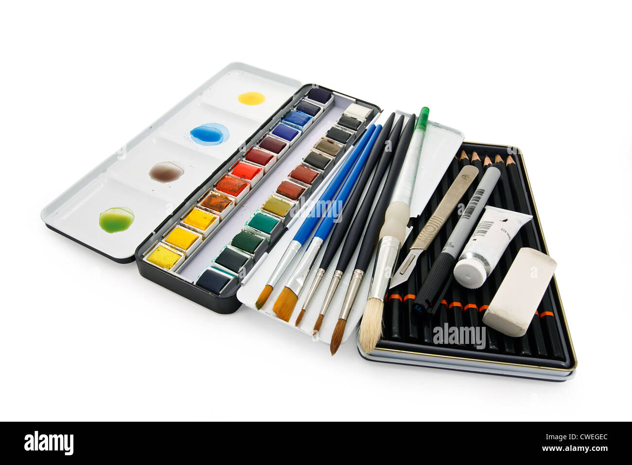 Artisti acquerello pennelli, vernici e attrezzature Foto Stock