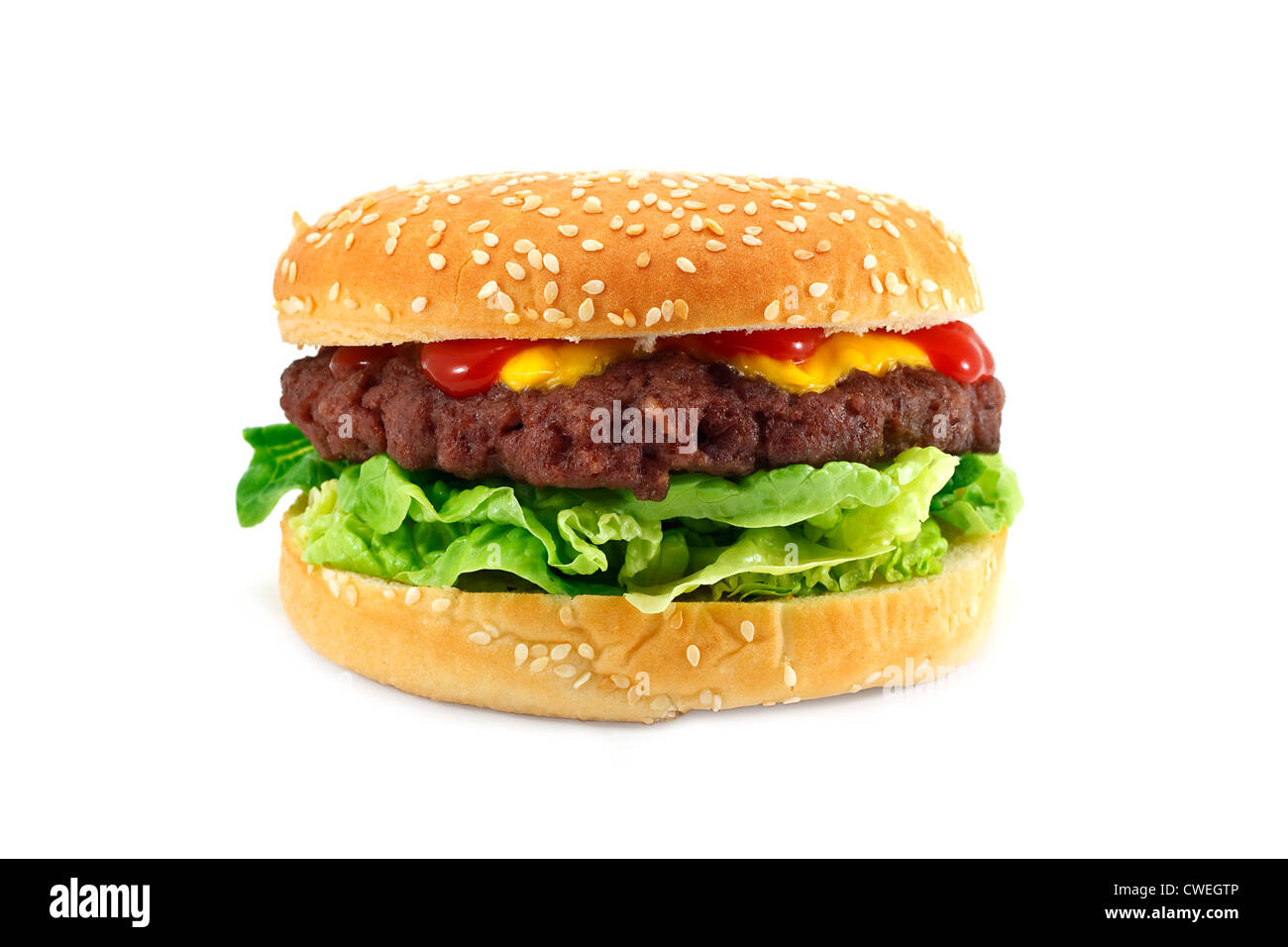 Gourmet cheeseburger con una casalinga polpetta di carne su un letto di lattuga con ketchup Foto Stock