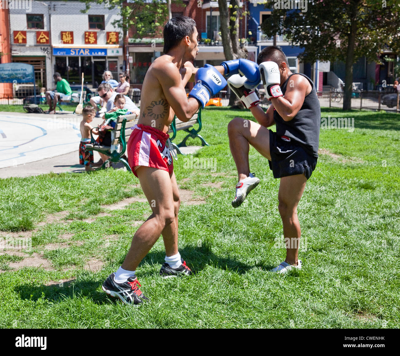 Un gruppo di giovani uomini e donne pratica all'aperto in un parco della città di Muay Thai boxing o arti marziali in Toronto;;Ontario Canada Foto Stock