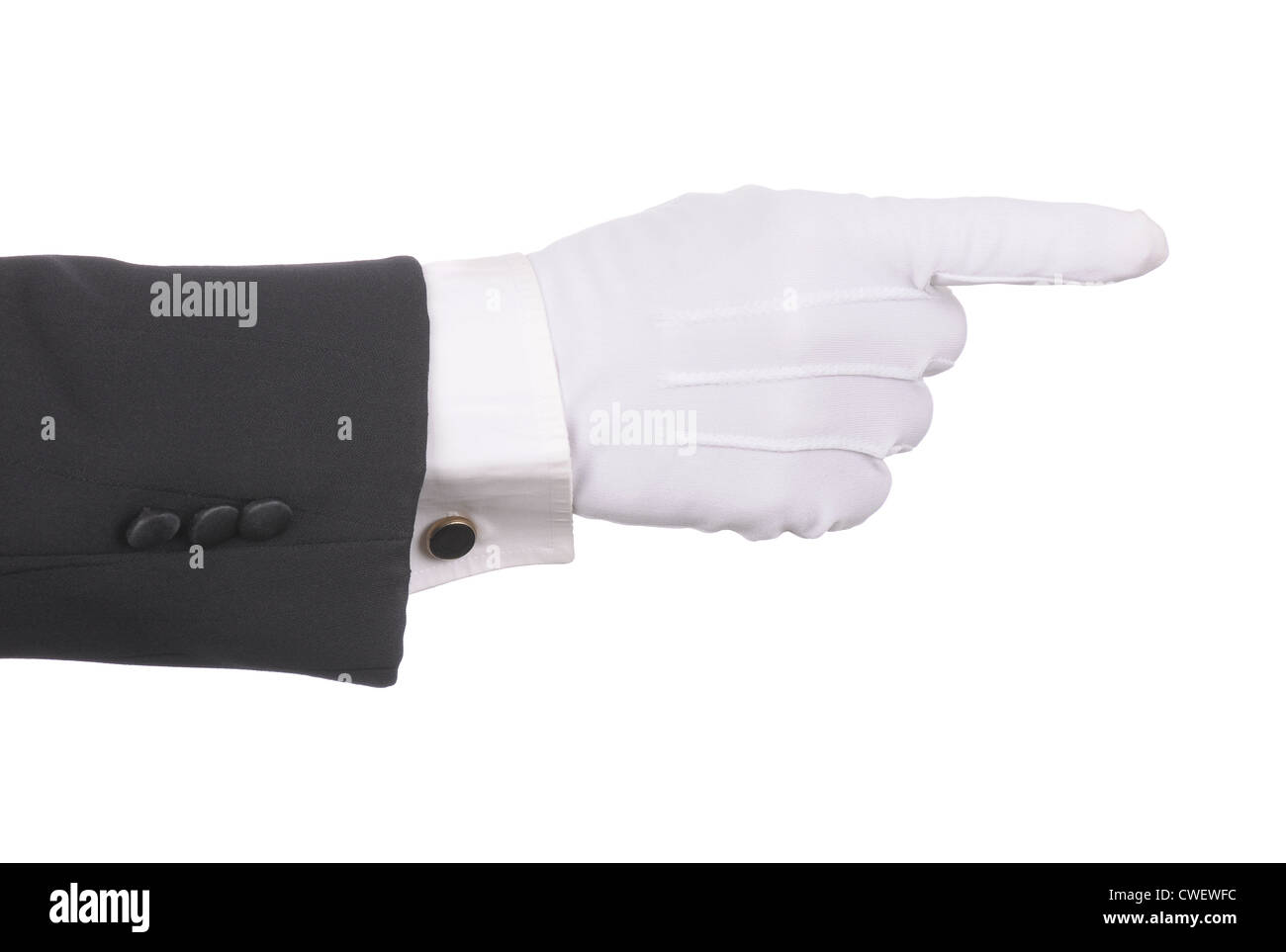Butler's guanti isolati di puntamento su bianco. Mano e braccio solo in formato orizzontale. Foto Stock