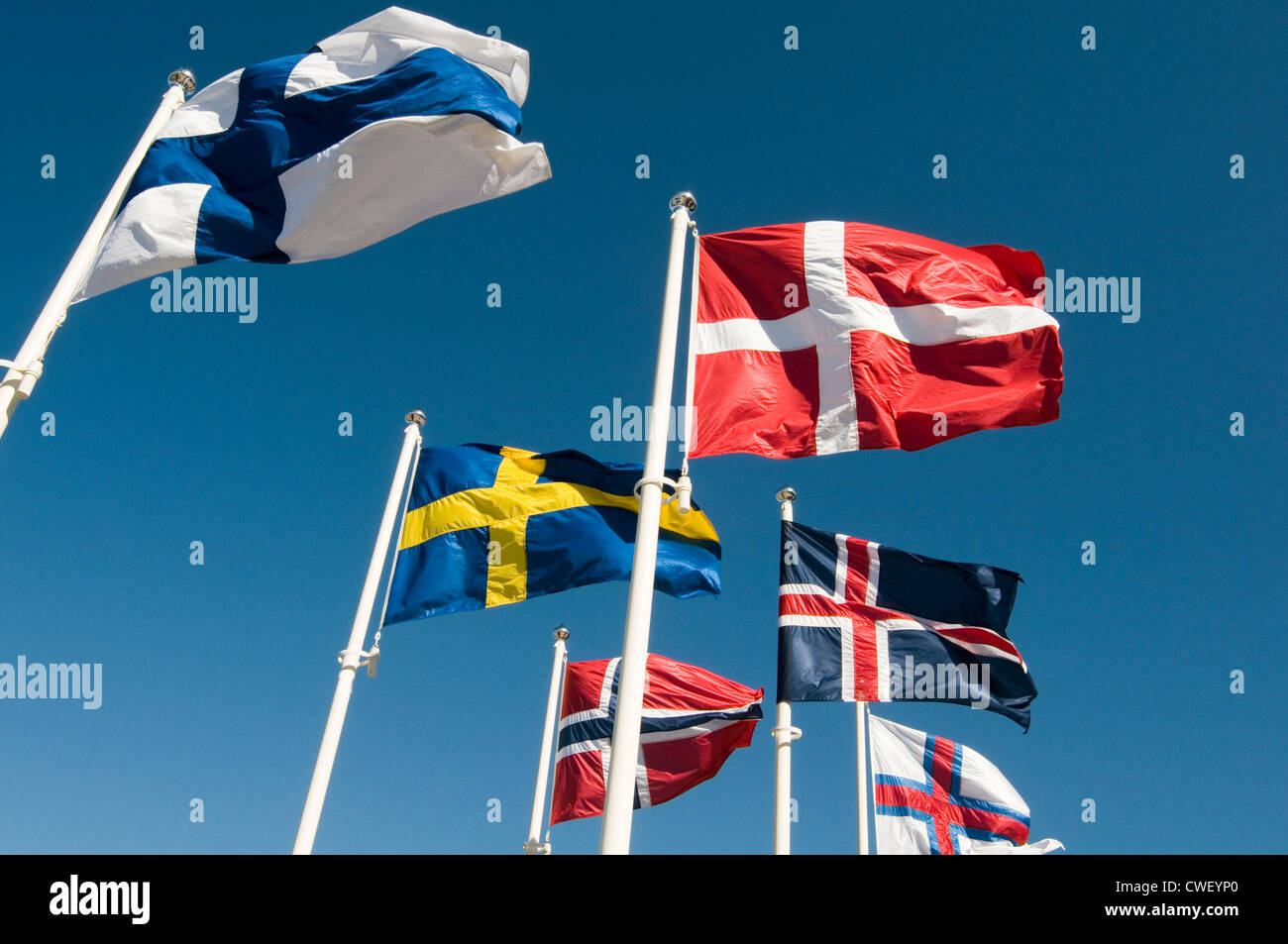 Consiglio nordico paesi bandiere bandiera del paese scandinavo Scandinavia vicini economia economia Svezia Finlandia Danimarca Norvegia un Foto Stock