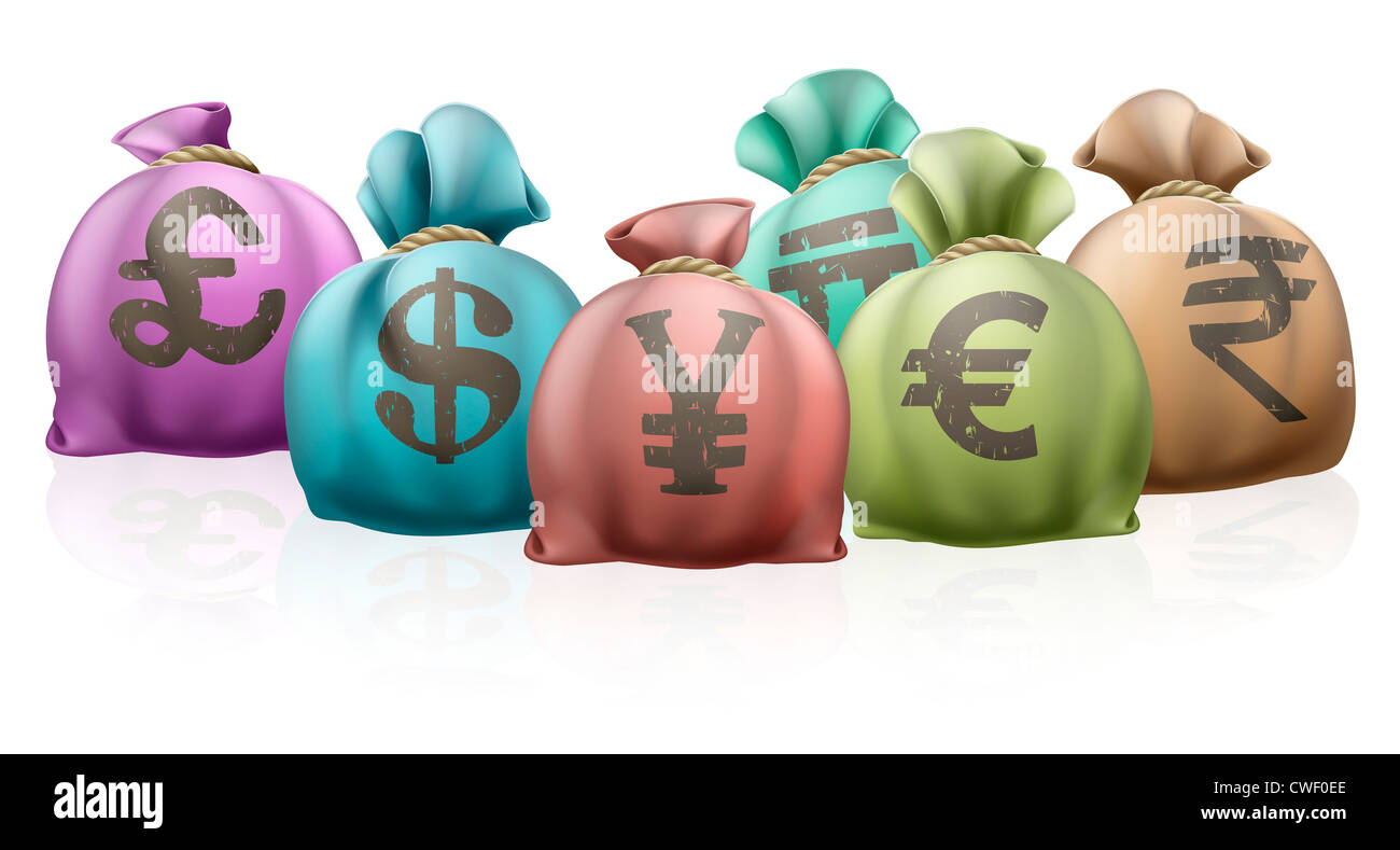 Borse di denaro provenienti da diversi paesi con i simboli di valuta su di essi Foto Stock