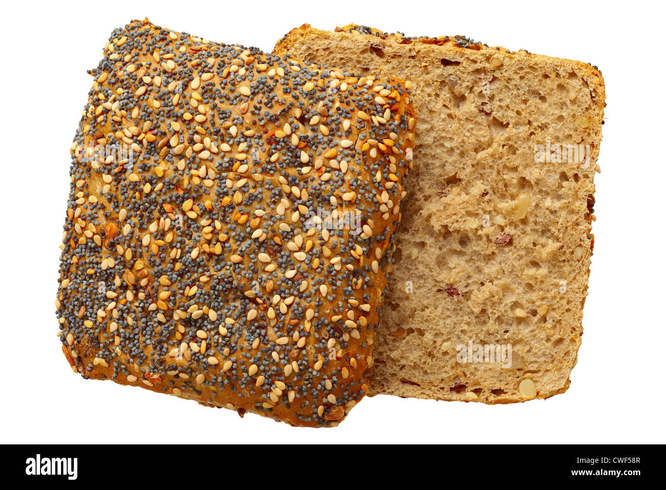 Close up di un pane integrale rotolo con sesamo e semi di papavero, isolato su bianco, Adobe RGB, DFF immagine Foto Stock