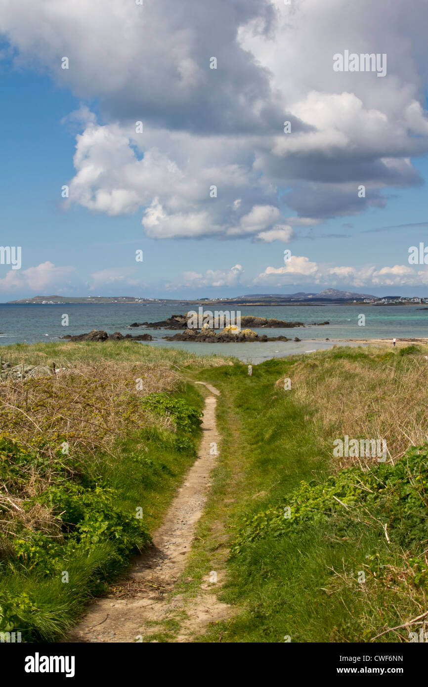 Costa di Anglesey sentiero che conduce al mare nei pressi di Rhosneigr, Anglesey su una gloriosa giornata di sole. Foto Stock
