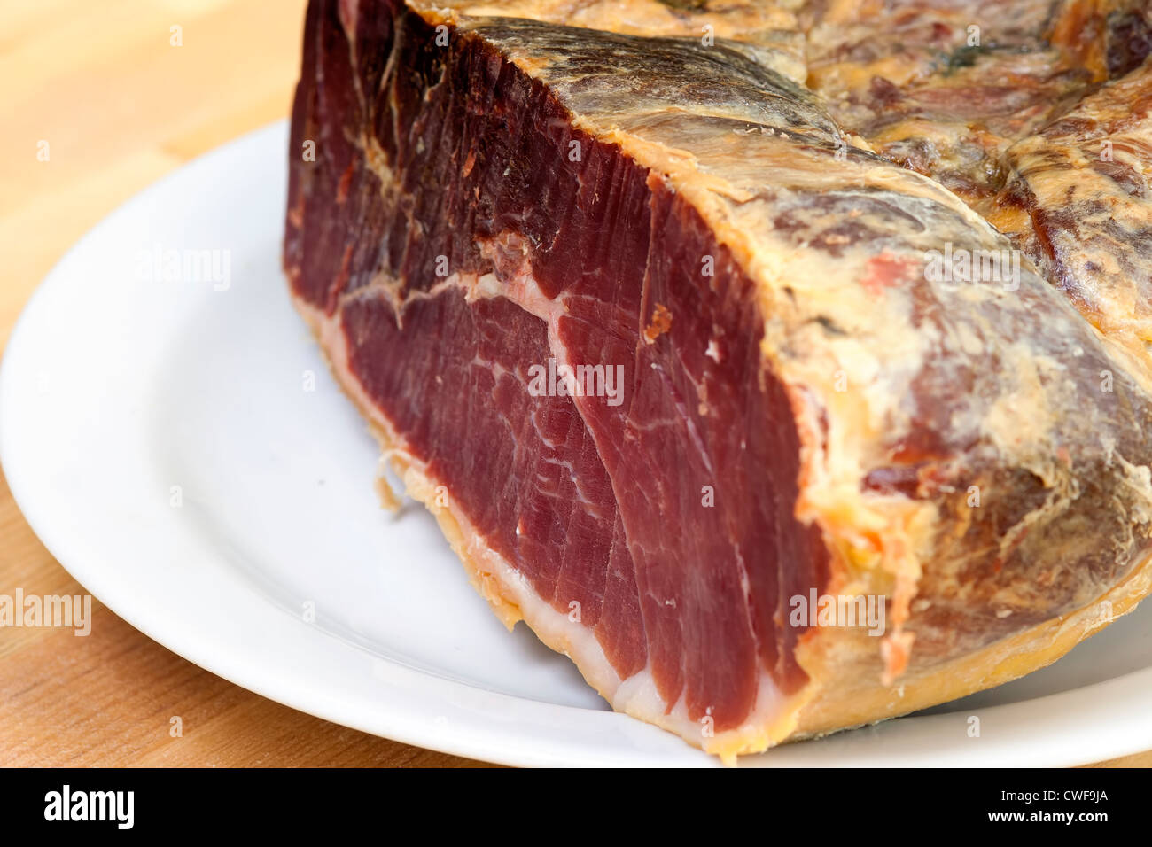 Dettaglio della carne essiccata - Spagnolo maiale - Prosciutto Serrano Foto Stock