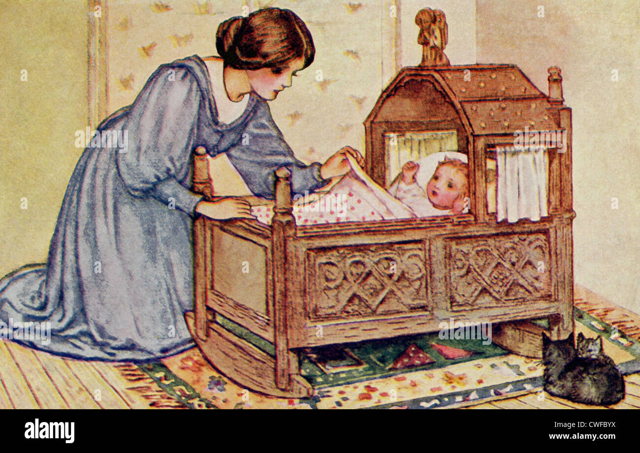 Un 1917 Illustrazione di una madre a dondolo il suo bambino in una culla con i cuccioli nelle vicinanze. Foto Stock