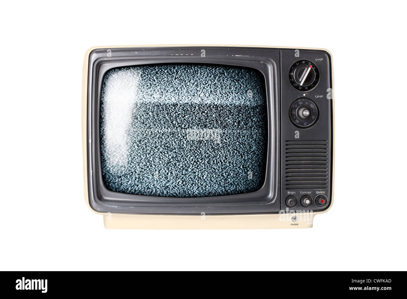 Vintage TV set isolato su sfondo bianco con elettricità statica Foto Stock