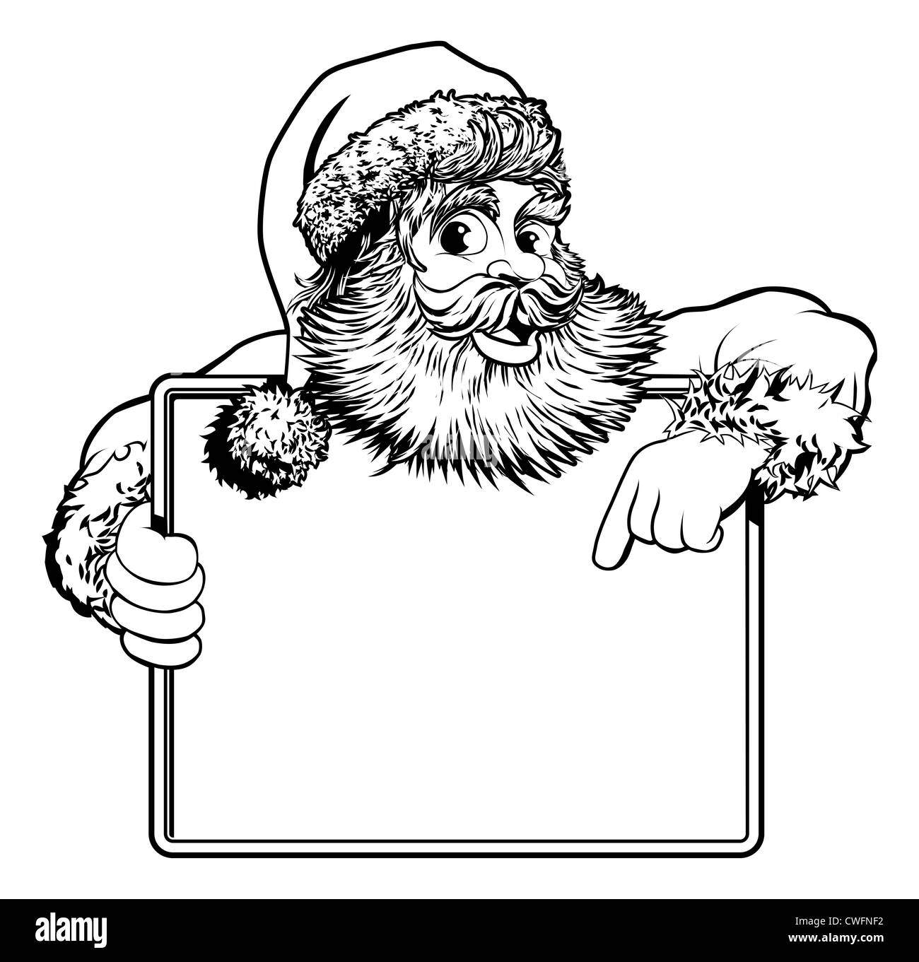 Nero e Bianco Natale illustrazione di Santa azienda e puntando a un segno Foto Stock