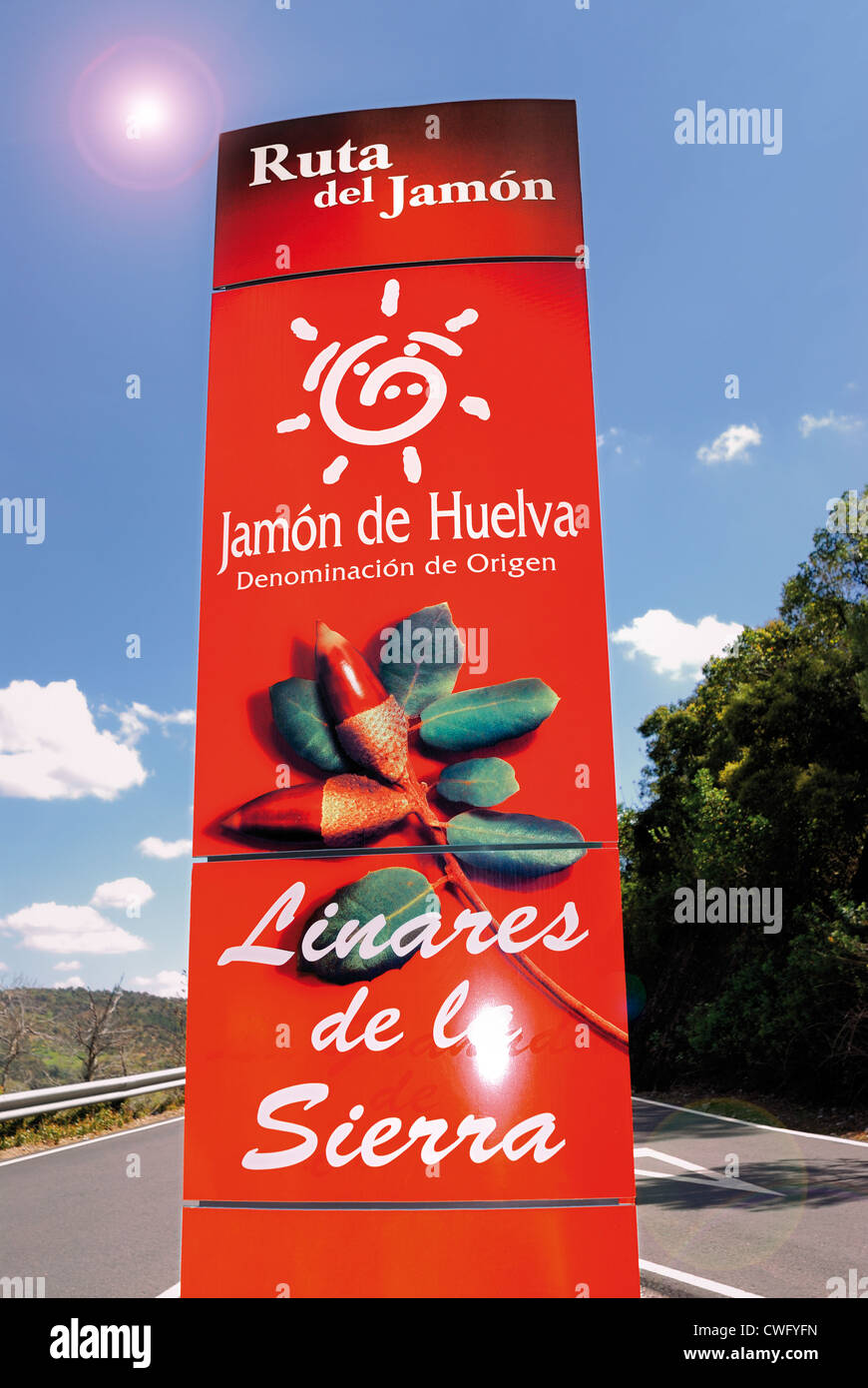 Spagna, Andalusia: segnale del percorso di prosciutto "Ruta del Jamon' in Huelva Foto Stock