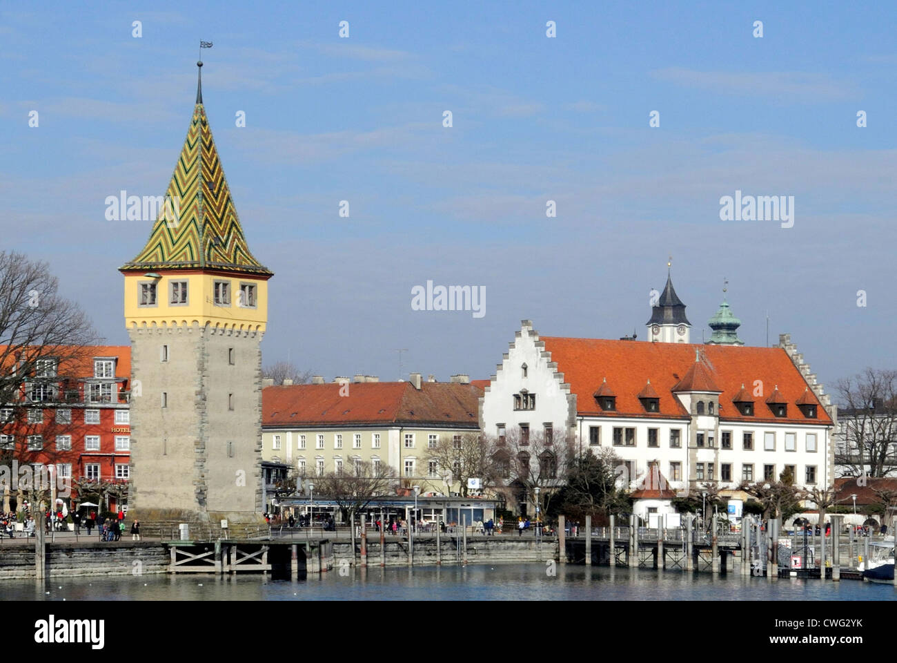 Porto di Lindau sul Lago di Costanza con Mang Torre. Foto Stock