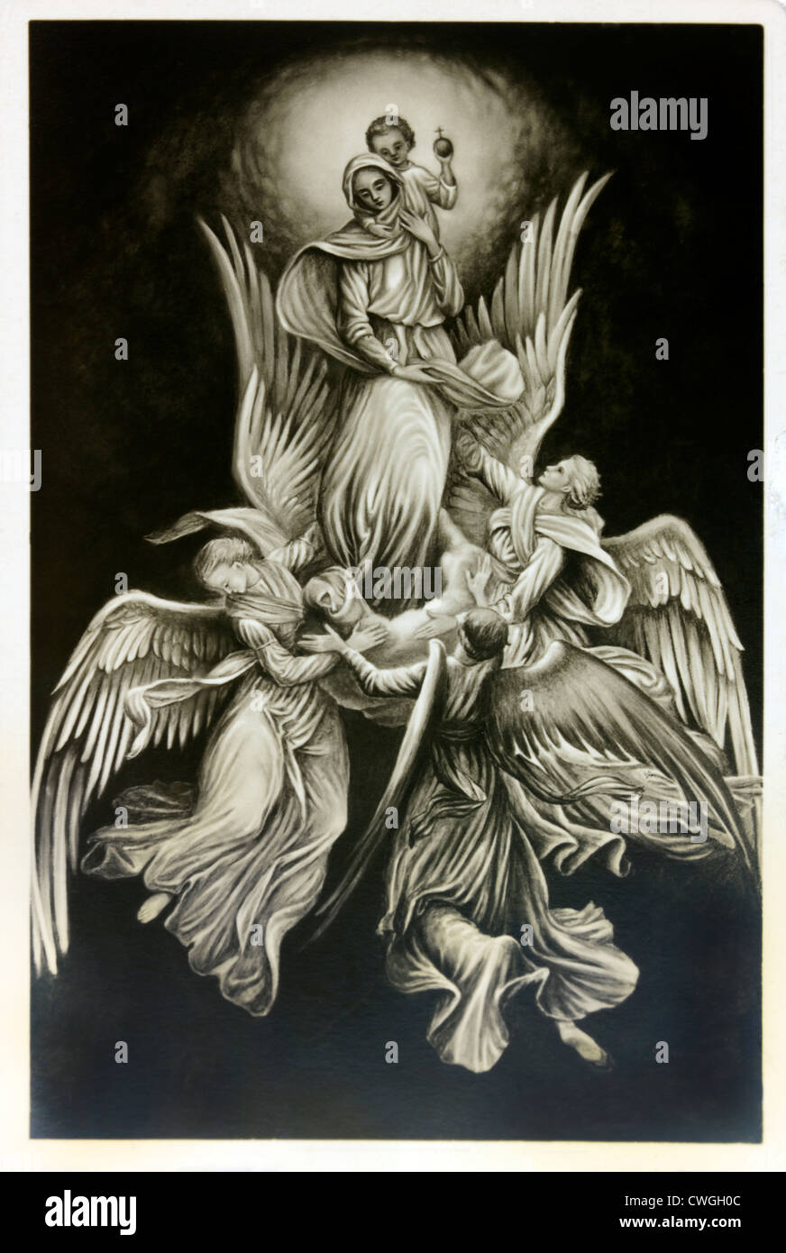 Raffigurazione di Hans Herzog Heiliger Akkord (Sacra corda) sulla cartolina Vergine Maria con Gesù Cristo e gli angeli Foto Stock