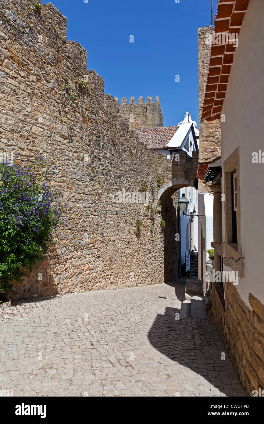 Tipica strada di Obidos vicino al castello di fortificazioni. Obidos è un molto ben conservato borgo medievale ancora all interno delle mura del castello Foto Stock