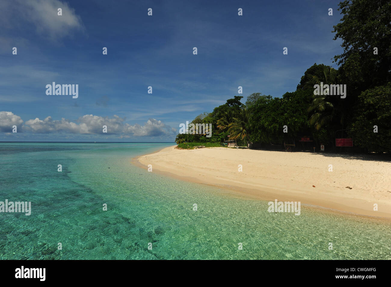 La Malesia, Borneo, Semporna arcipelago, Sipadan, idilliaca spiaggia con sabbia bianca e trasparente acqua turchese Foto Stock