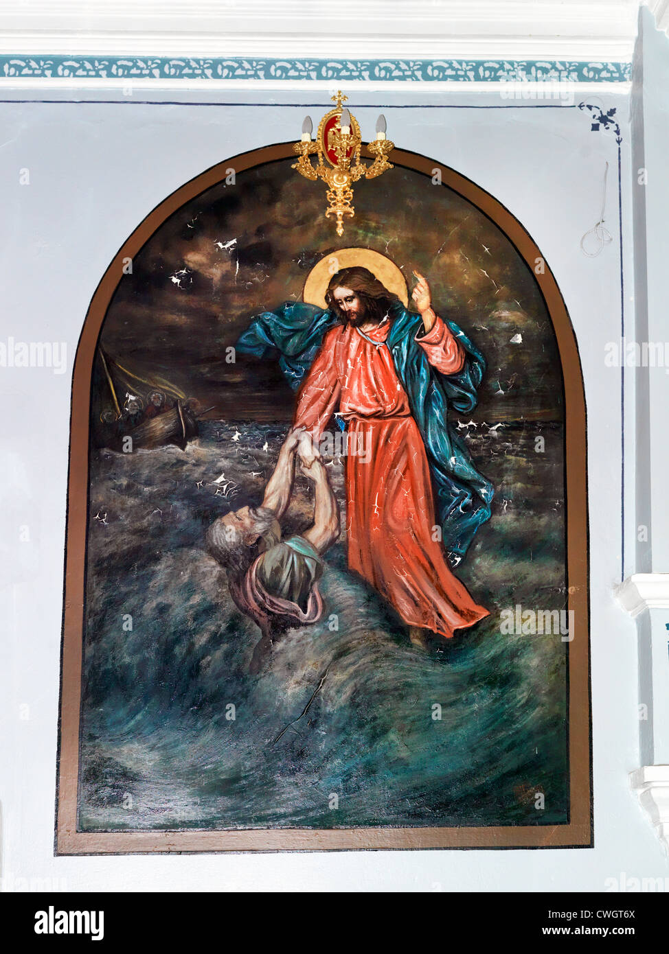 Grecia Samos Pagondas chiesa della Santa Trinità Icona Gesù Cristo camminando sulle acque tirando San Pietro Fuori del Mare Foto Stock
