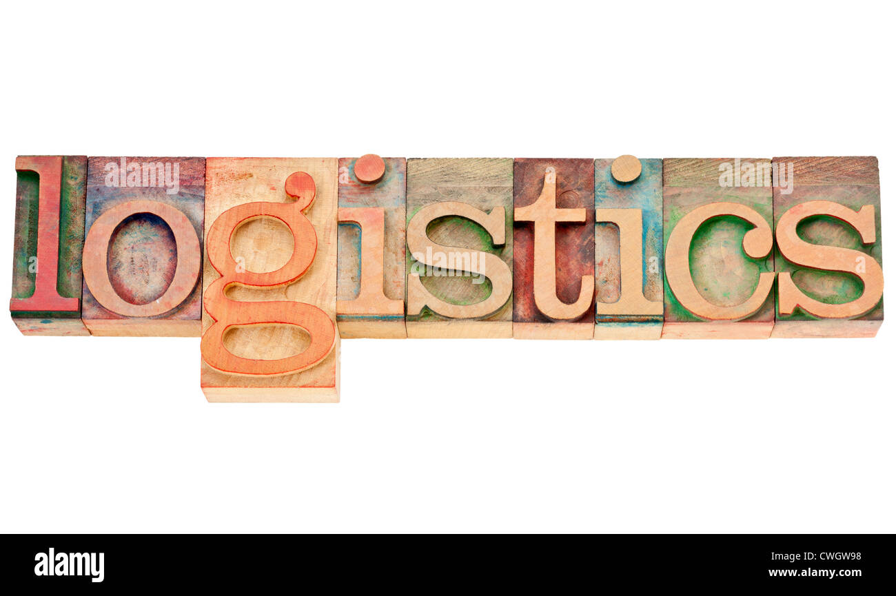Logistica - parola isolata in rilievografia vintage tipo di legno colorati da inchiostri a colori Foto Stock
