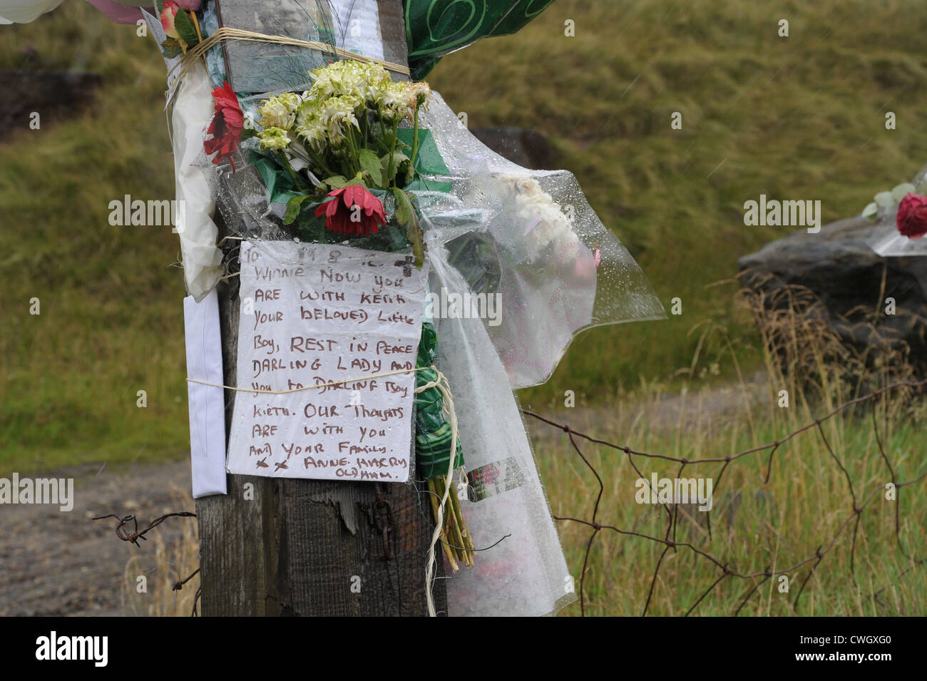 Fiori legati a un recinto sul Saddleworth Moor in omaggio a Winnie Johnson e mori omicidio vittima figlio Keith Bennett Foto Stock