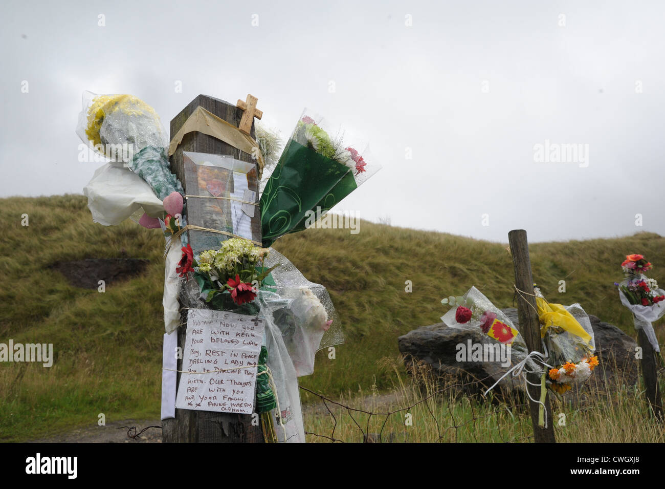 Fiori legati a un recinto sul Saddleworth Moor in omaggio a Winnie Johnson e mori omicidio vittima figlio Keith Bennett Foto Stock