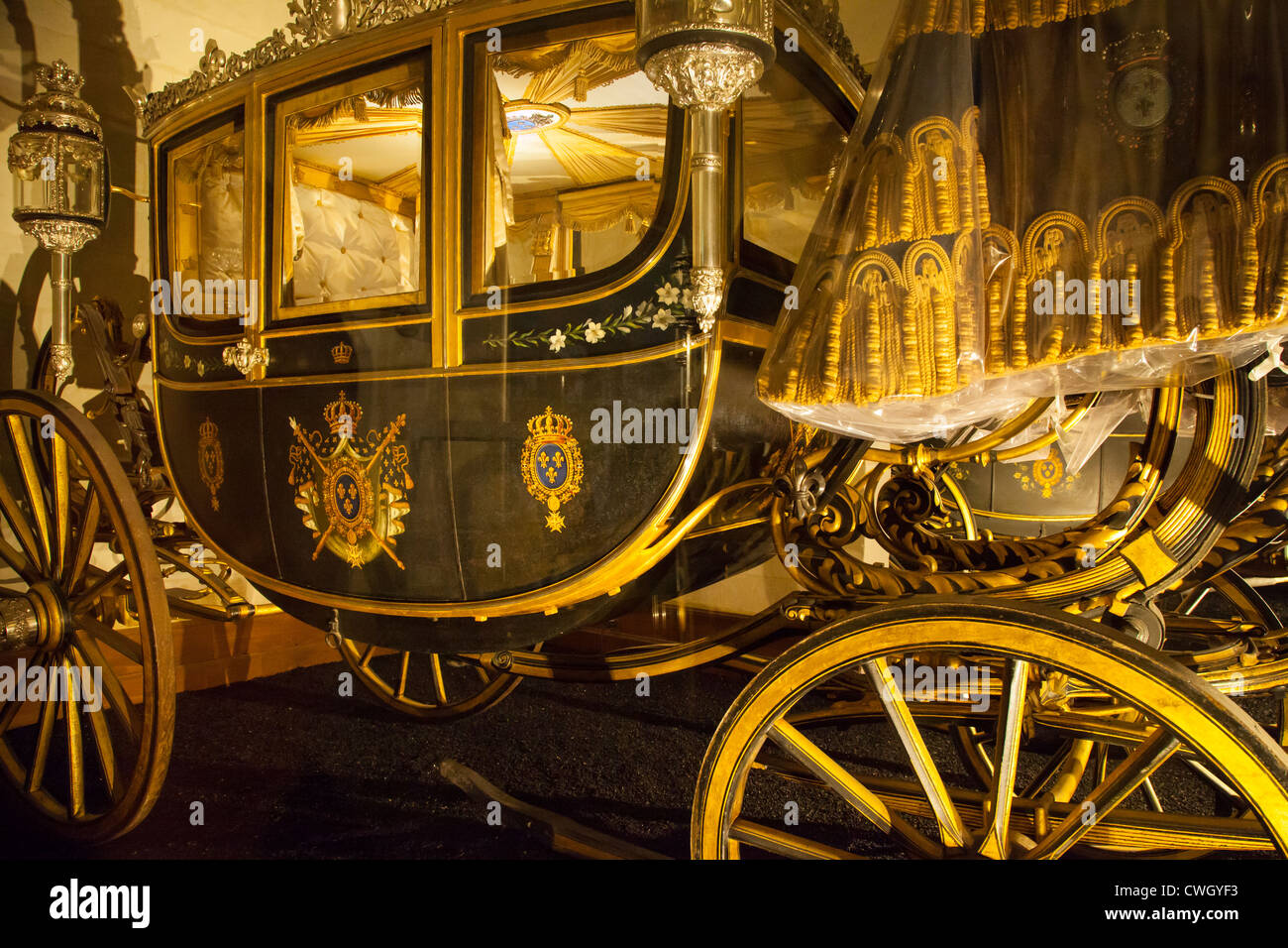 Dettagli sul xviii secolo royal del carrello sul display nella sala Pullman, Chateau de Chambord, Valle della Loira, Centro Francia Foto Stock