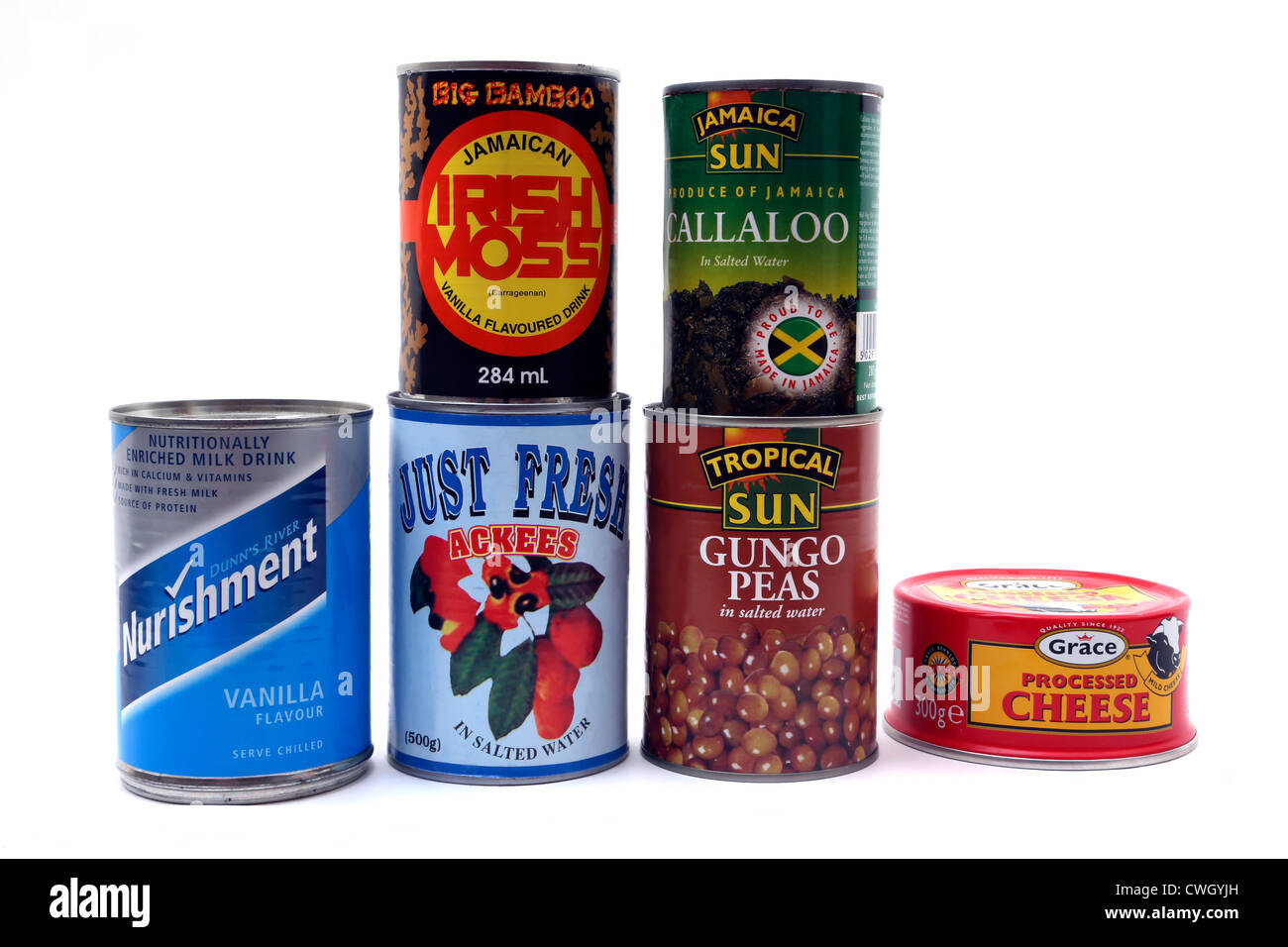 Scatole di cibo caraibico e bere Foto Stock