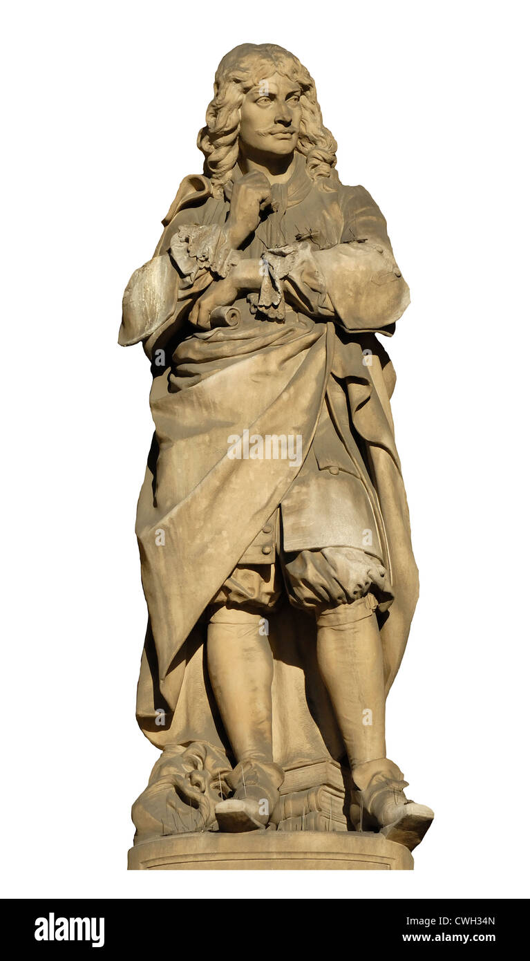 Parigi, Francia. Hotel de Ville - facciata (19thC) Statua: Moliere (Jean-Baptiste Poquelin) drammaturgo francese, attore, poeta (c1662 - 73) Foto Stock