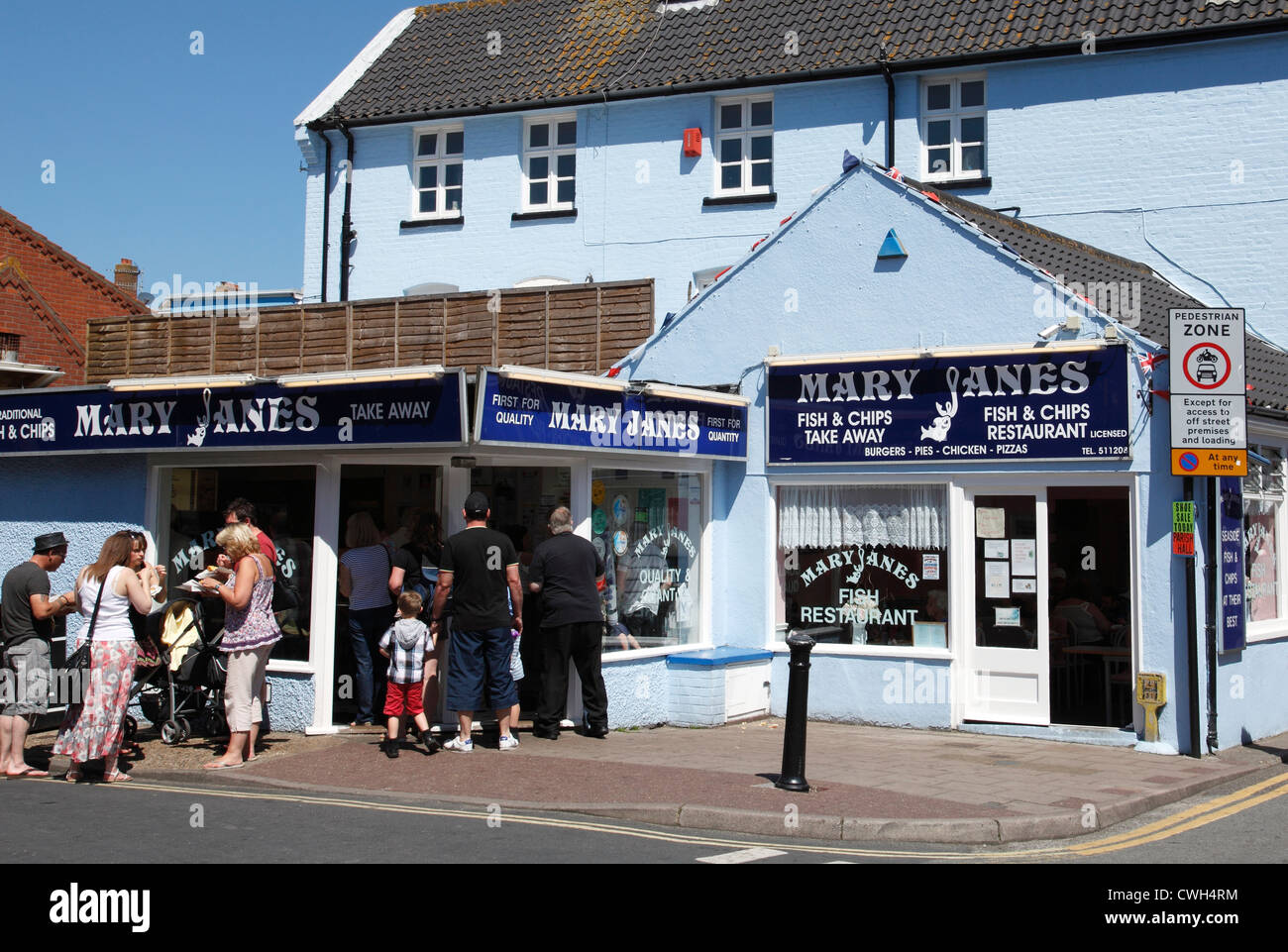 Mary Janes fish & chip shop e ristorante, Cromer, North Norfolk, Inghilterra, Regno Unito Foto Stock