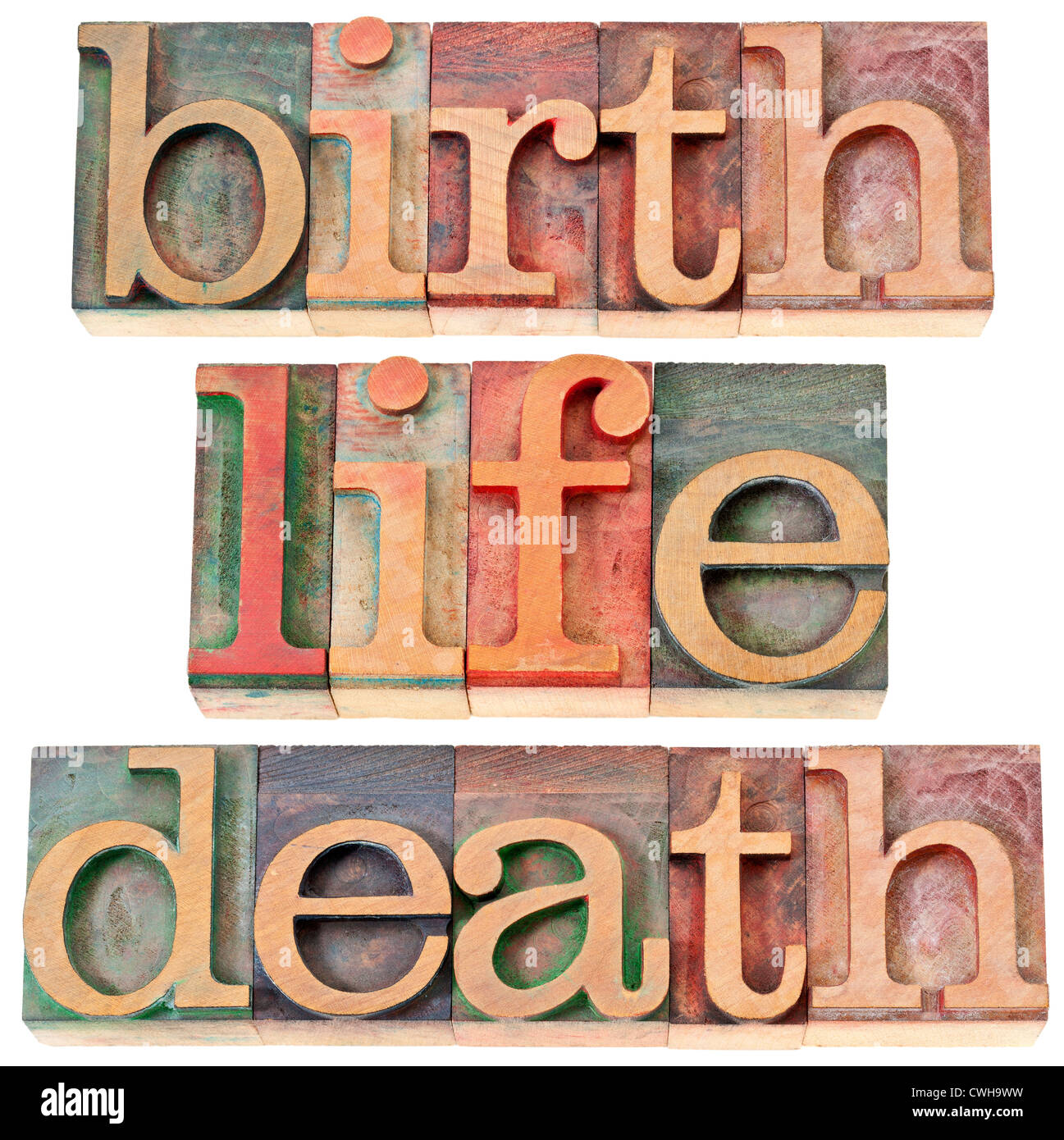La nascita, la vita e la morte - parole isolate in rilievografia vintage tipo di legno colorati da inchiostri a colori Foto Stock