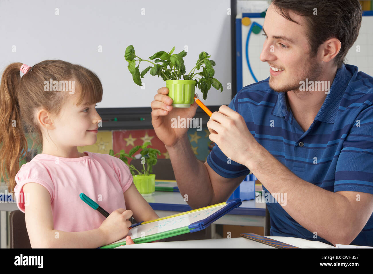 Ragazza imparare a conoscere le piante con insegnante Foto Stock