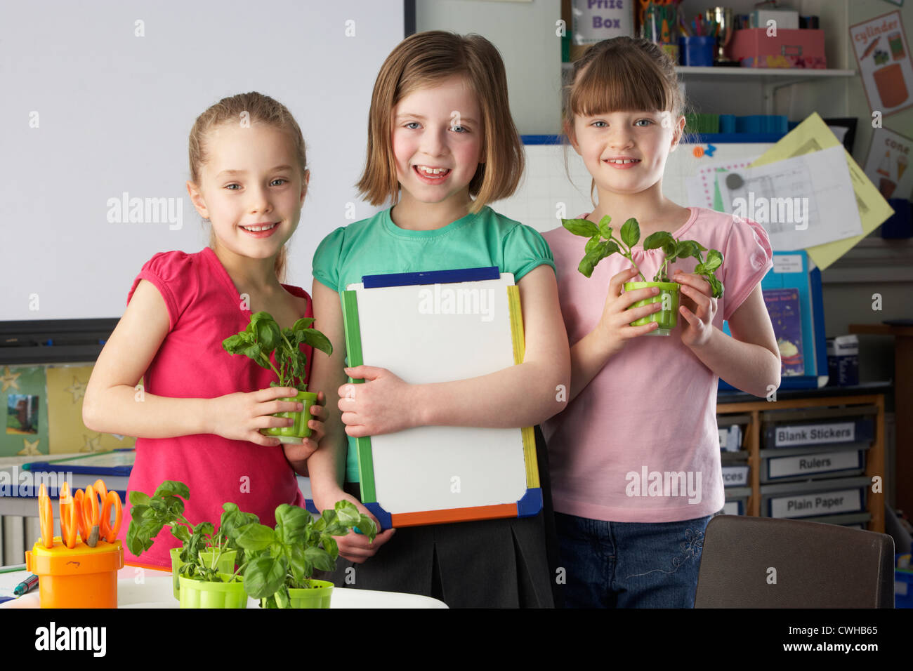 Le ragazze imparare circa le piante nella classe della scuola Foto Stock