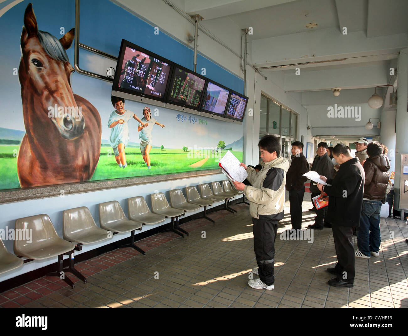 Seoul Racecourse i visitatori nella sala della pista le scommesse Foto Stock