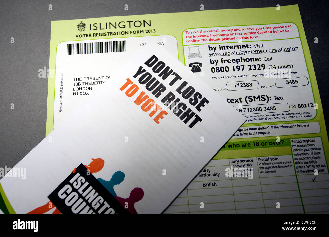 La registrazione degli elettori forma, Londra Foto Stock