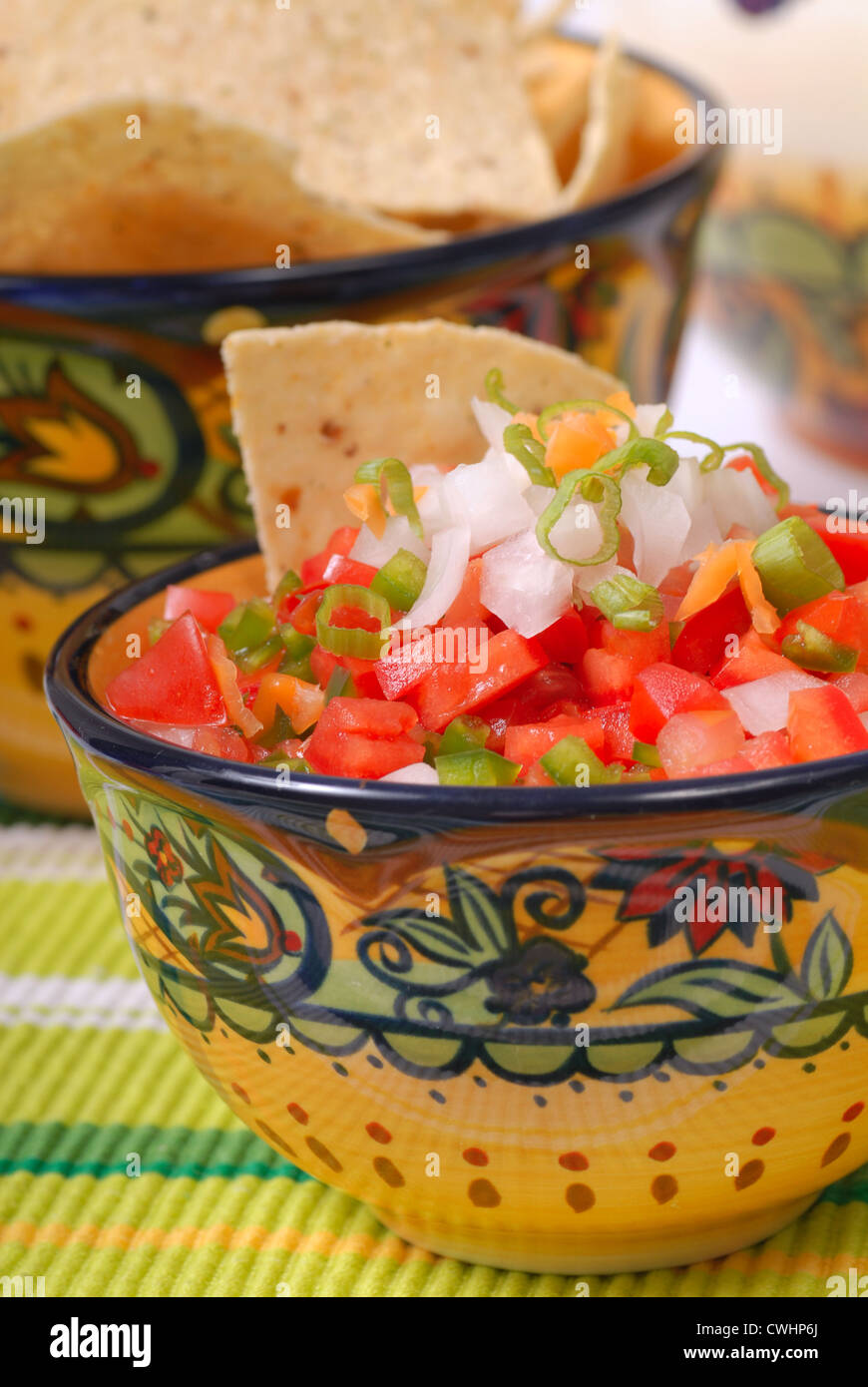 Ciotola di salsa piccante con tortilla chips in background Foto Stock
