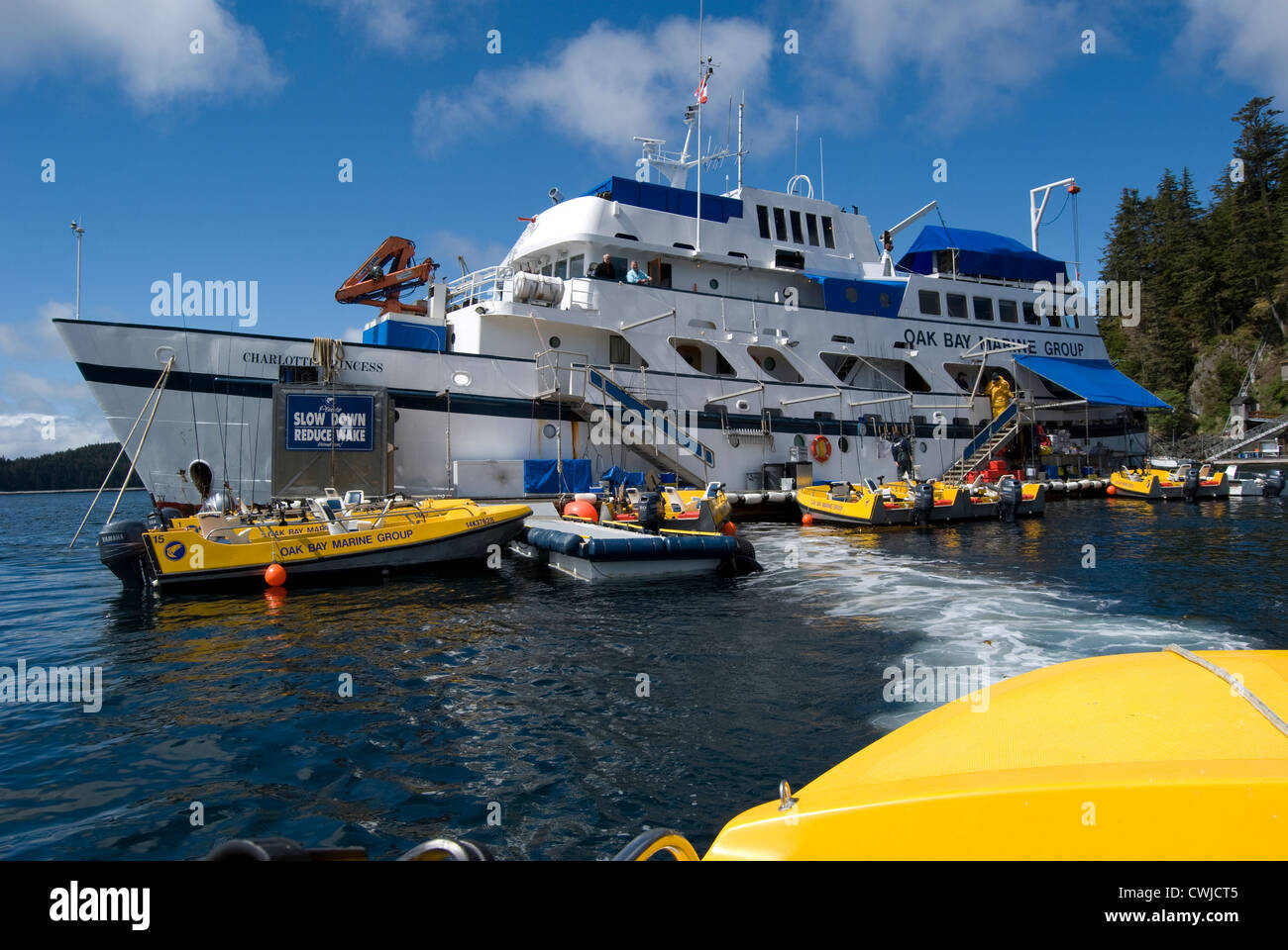 Linee M.T. Queen Charlotte floating lodge di pesca azionato a Langara Island, Haida Gwaii,Northern British Columbia, Canada. Foto Stock