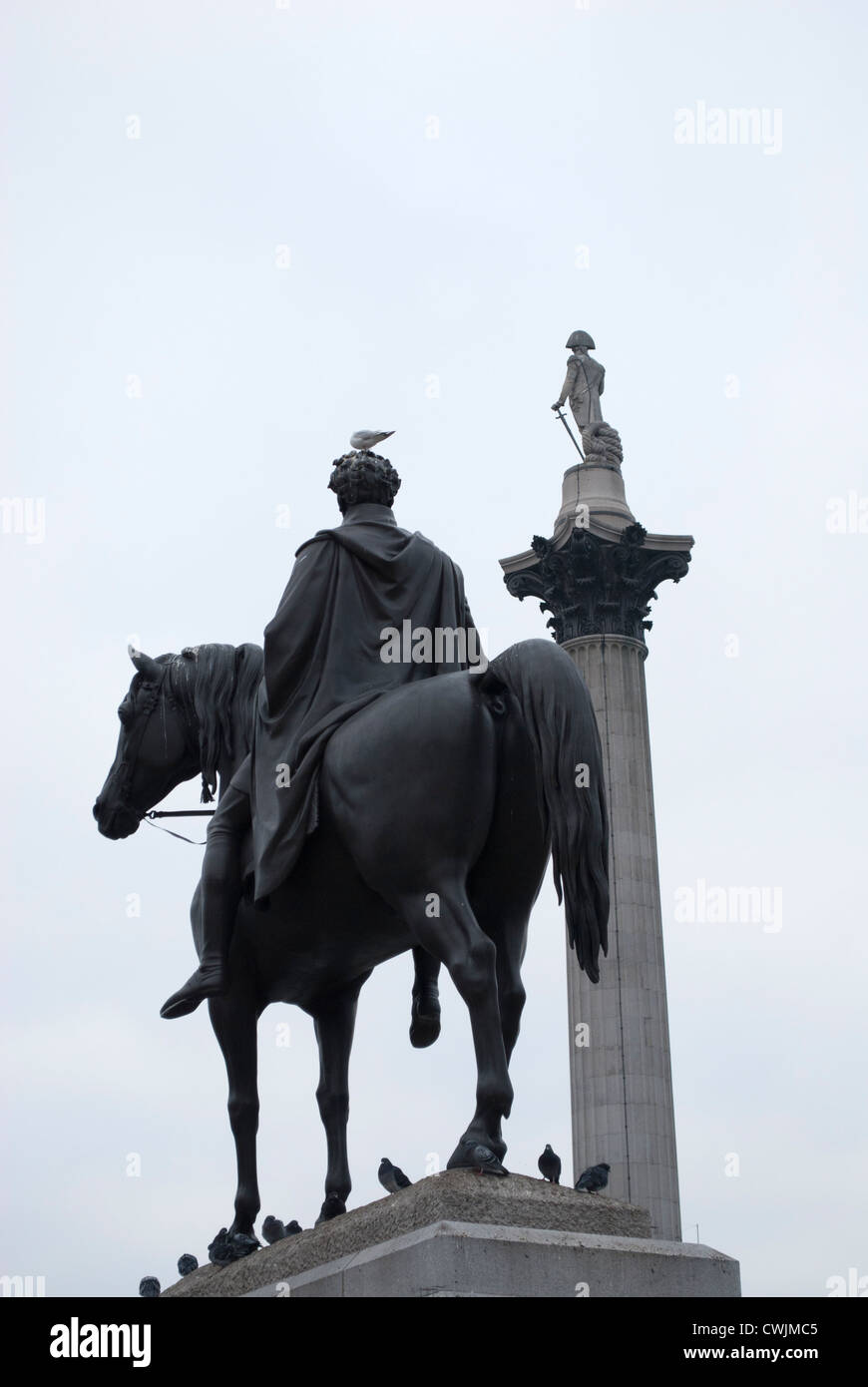 Statua equestre di George IV, Trafalgar Square coperto di piccioni stagliano contro un cielo grigio con Nelson della colonna Foto Stock