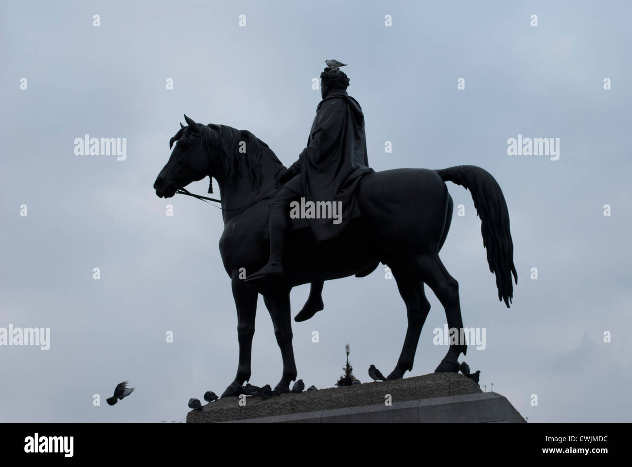Statua equestre di George IV, Trafalgar Square coperto di piccioni stagliano contro un cielo grigio Foto Stock