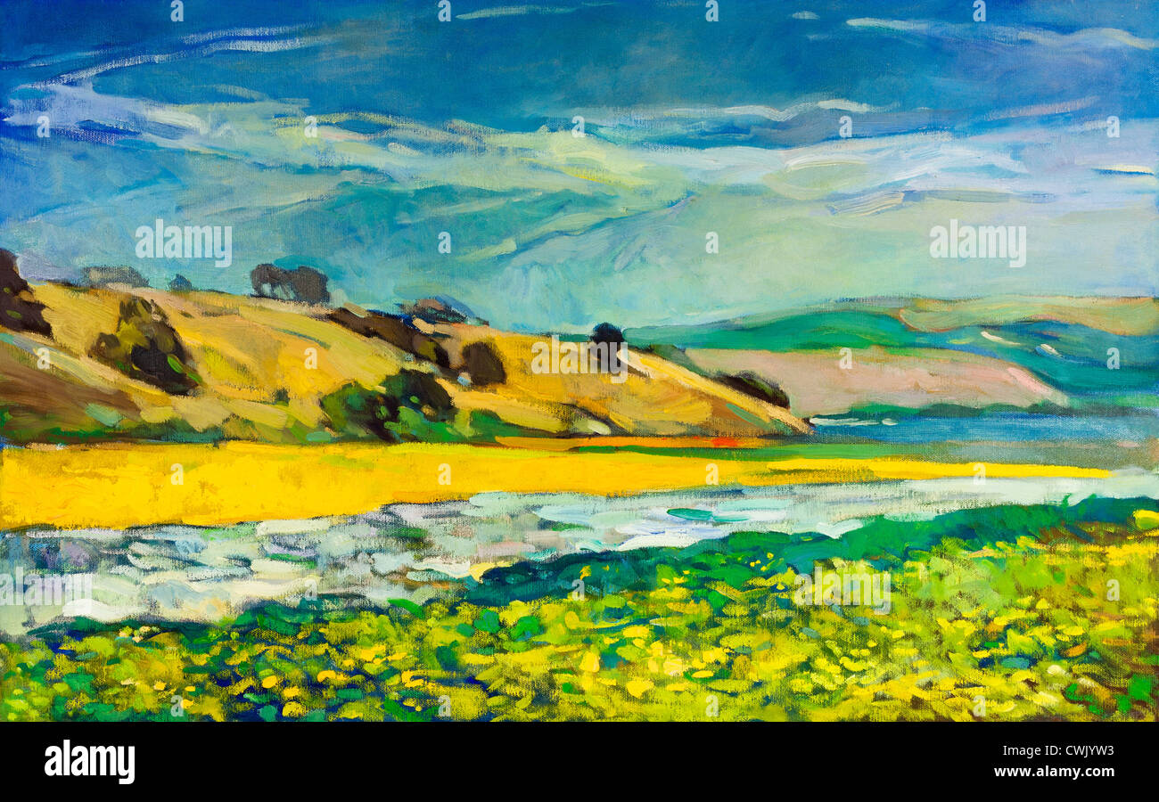 Olio originale pittura del river coast e scogliere su tela.paesaggio di montagna.Impressionismo moderno Foto Stock