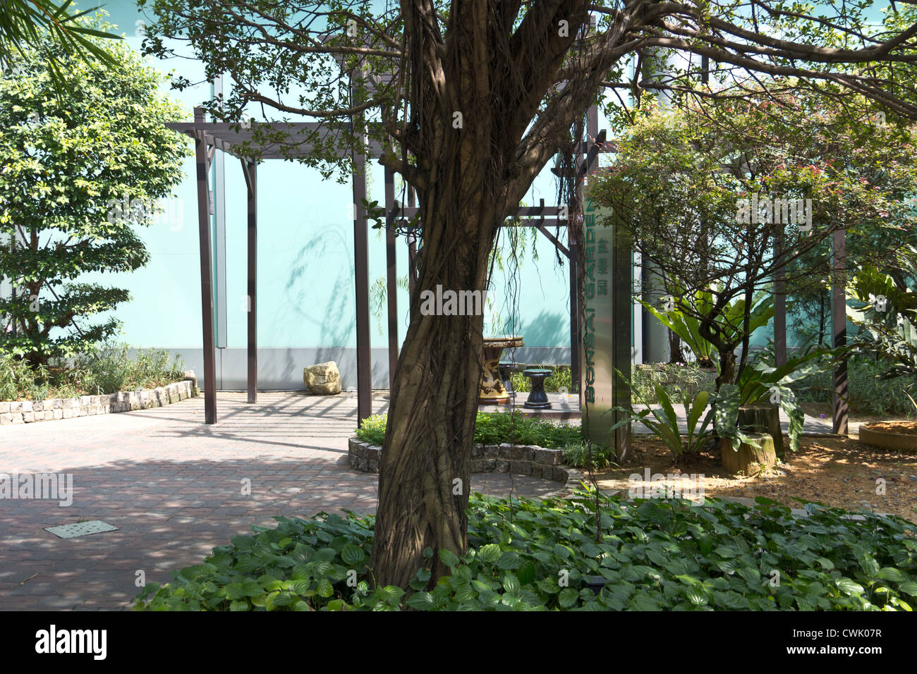 Giardino Bonsai in Sunetc città in Singapore. Questo è un giardino che è appena fuori il lato ingresso di Suntec Tower 5. Foto Stock